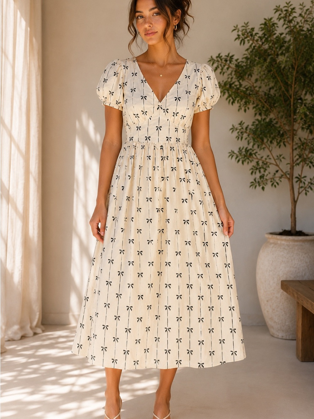 SHEIN Cream Bow Print Puff Sleeve Midi Dress | Cottagecore Coquette Dress